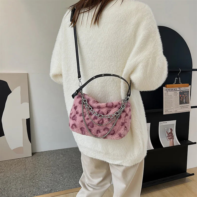 Vintage Faux Fur Leopard Women Shoulder Crossbody Bags