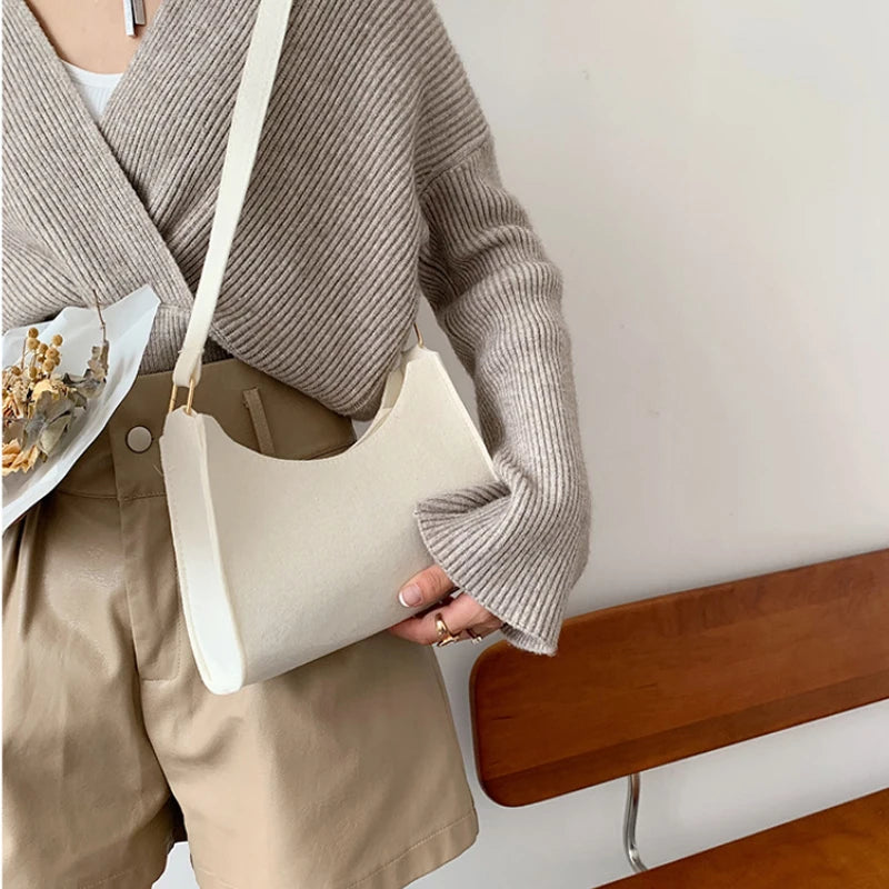 Vintage Felt Cloth Shoulder Underarm Bag Women Casual Solid Tote Handbags