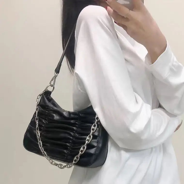 Vintage Female Ruched Shoulder Underarm Bag Soft PU Leather Ladies Chain