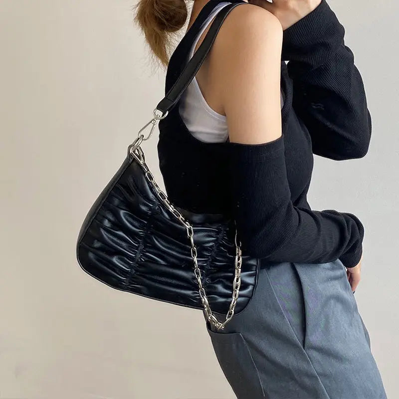Vintage Female Ruched Shoulder Underarm Bag Soft PU Leather Ladies Chain