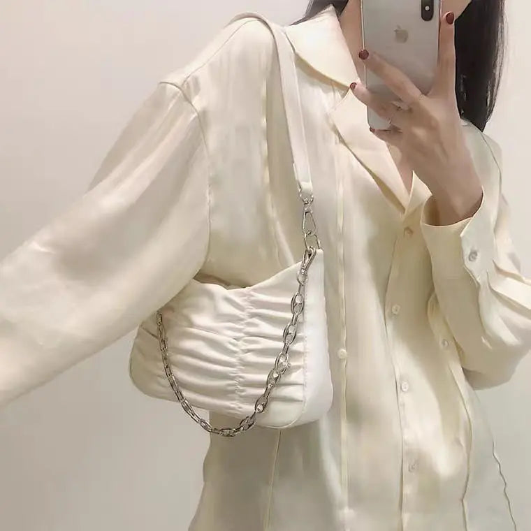 Vintage Female Ruched Shoulder Underarm Bag Soft PU Leather Ladies Chain