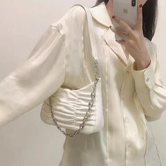 Vintage Female Ruched Shoulder Underarm Bag Soft PU Leather Ladies Chain