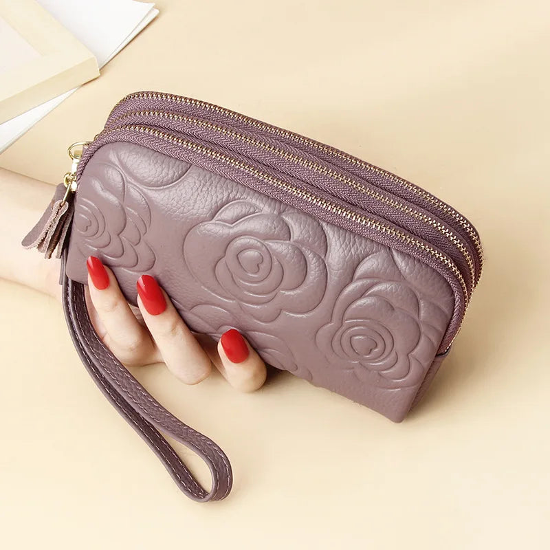 Vintage Floral Clutch Purses Leather Zipper Wallet High Capacity Wristlet