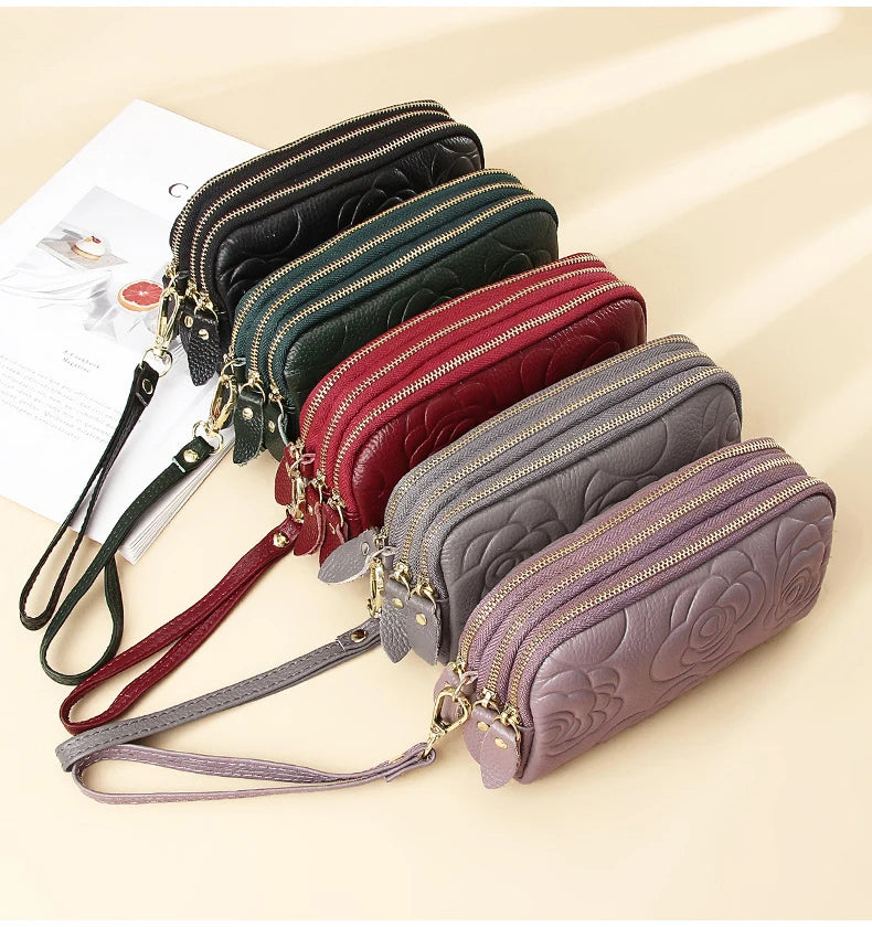 Vintage Floral Clutch Purses Leather Zipper Wallet High Capacity Wristlet