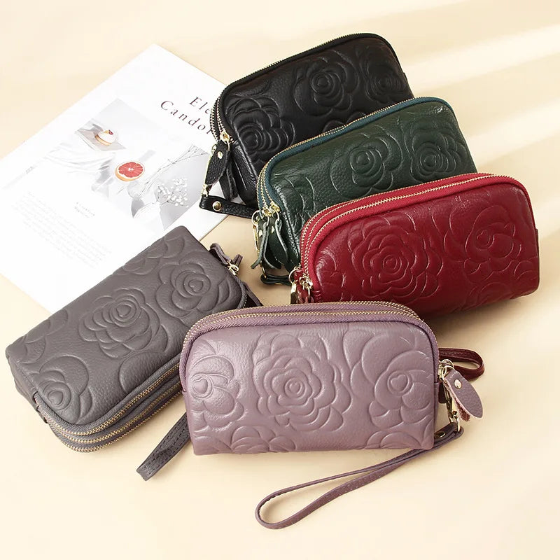 Vintage Floral Clutch Purses Leather Zipper Wallet High Capacity Wristlet