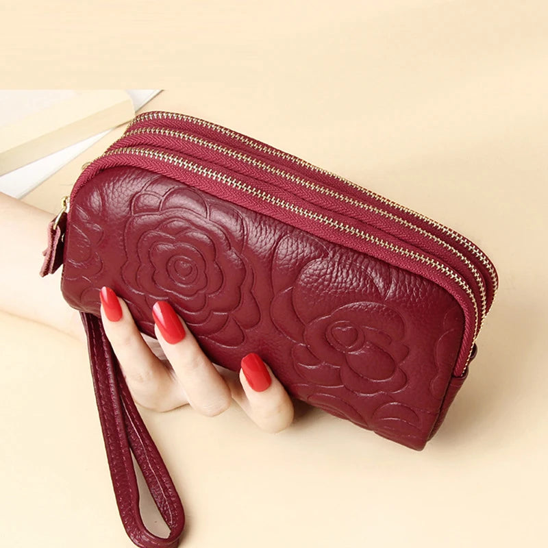 Vintage Floral Clutch Purses Leather Zipper Wallet High Capacity Wristlet