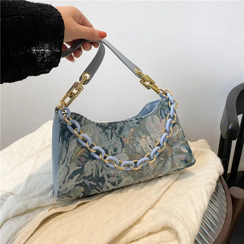 Vintage Floral Shoulder Bags Texture Chain Handbags Ladies All-match Canvas Bag