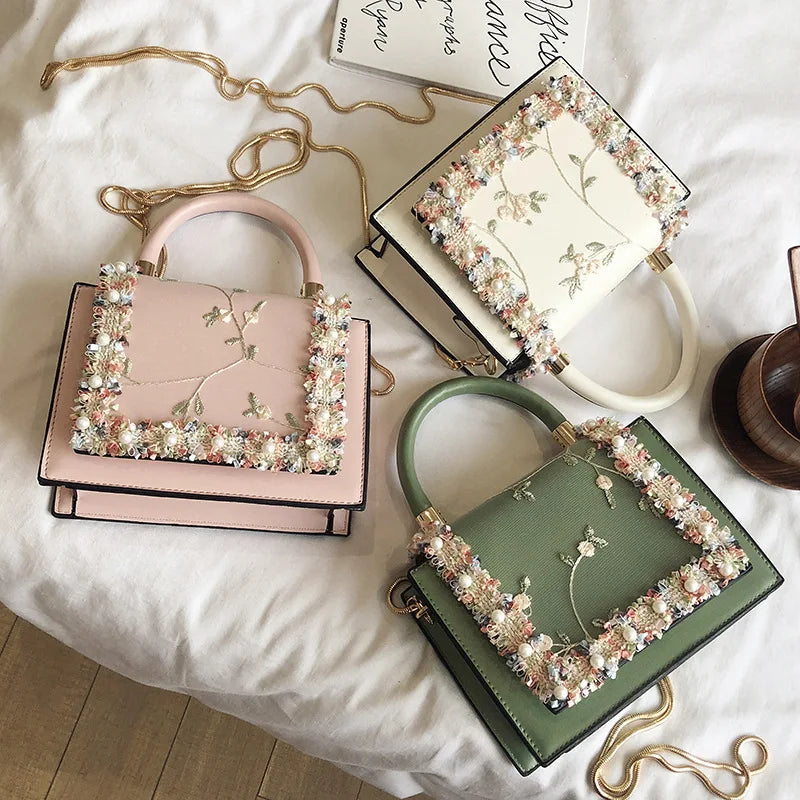 Vintage Flower Lace Handbags Women's Crossbody Chain Messenger Bag