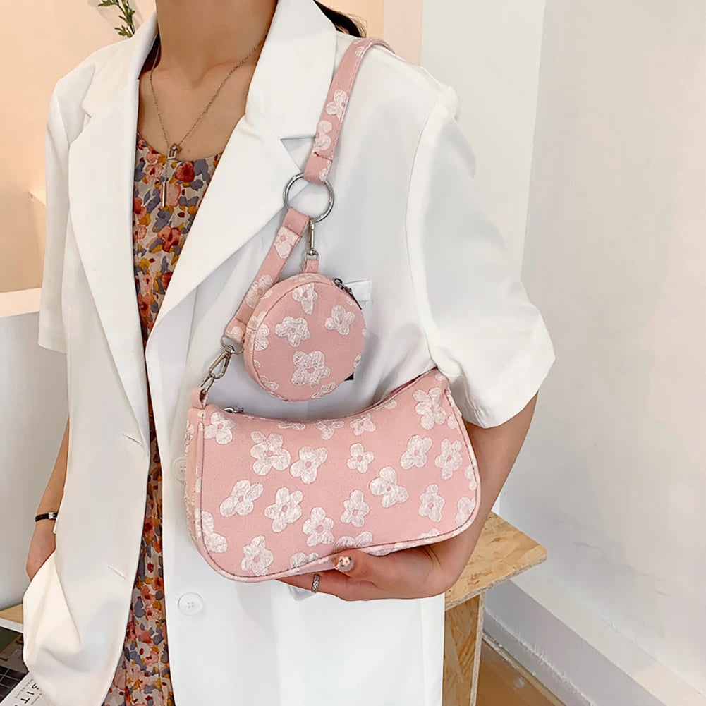 Vintage Flower Shoulder Bags for Women with Mini Purse