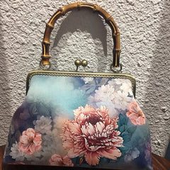 Vintage Flowers Bag Shell Lock Wood Hand Bags for Women
