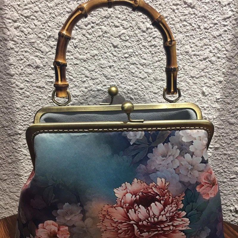 Vintage Flowers Bag Shell Lock Wood Hand Bags for Women