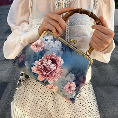 Vintage Flowers Bag Shell Lock Wood Hand Bags for Women