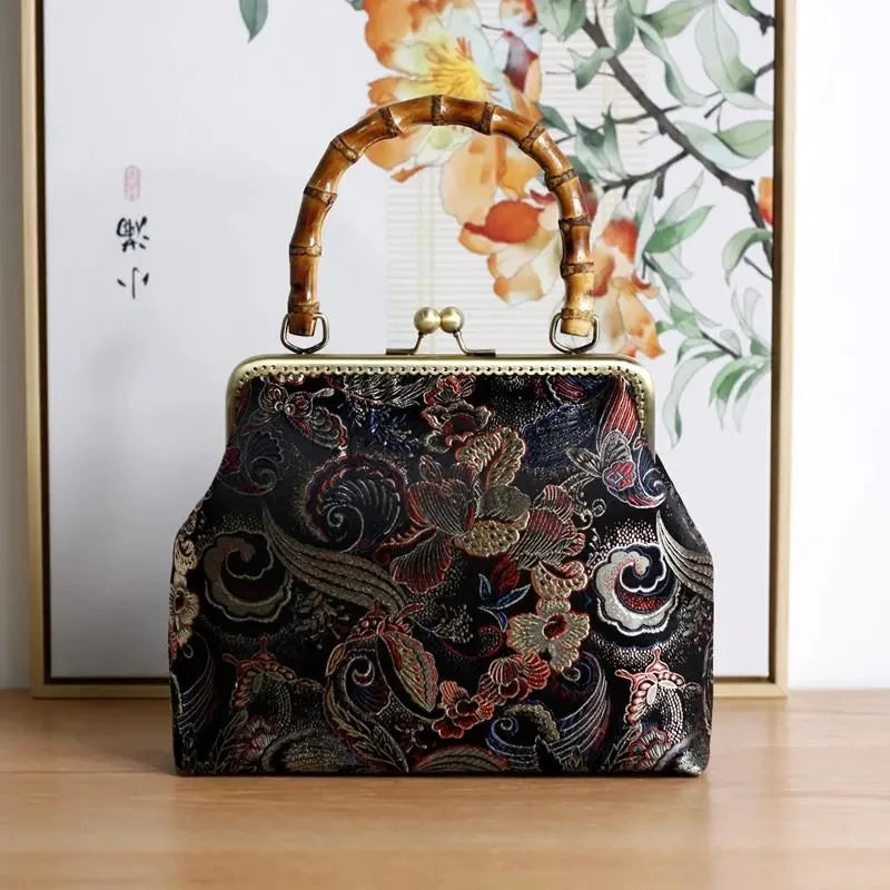 Vintage Flowers Bird Bag Women Shoulder Crossbody Bag Bamboo Lock Bags