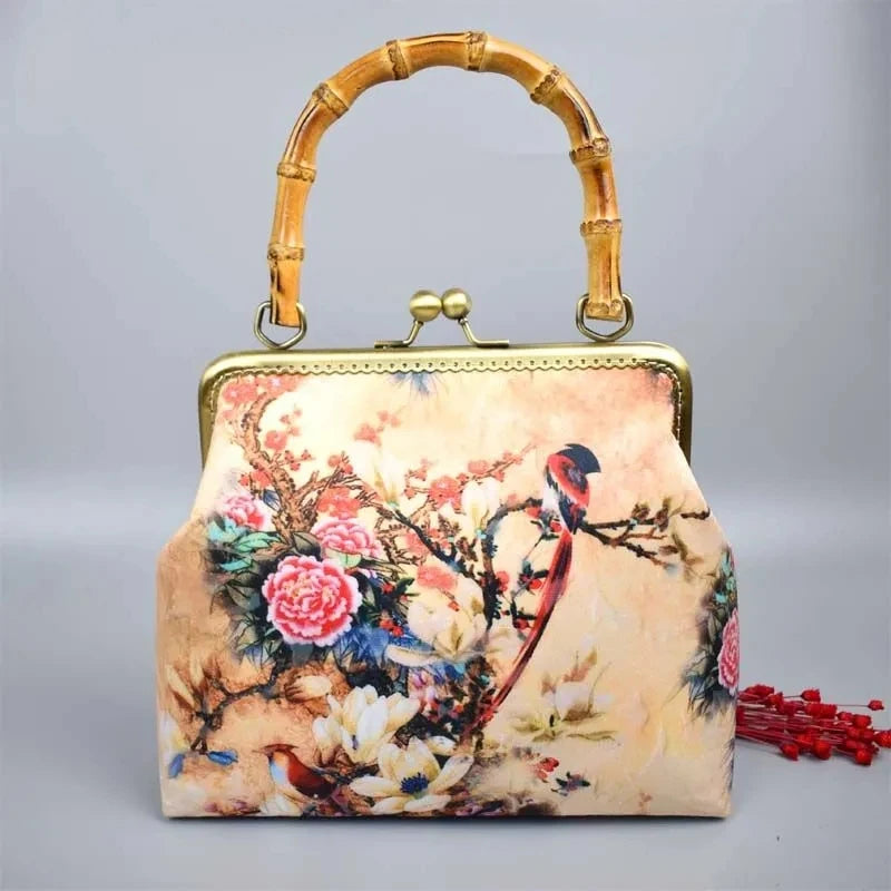 Vintage Flowers Bird Bag Women Shoulder Crossbody Bag Bamboo Lock Bags
