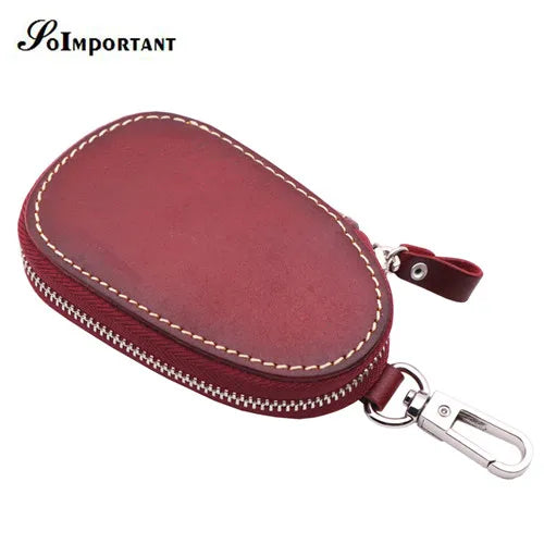 Vintage Leather Car Key Wallet Women Keychain Covers Zipper Key Case Bag