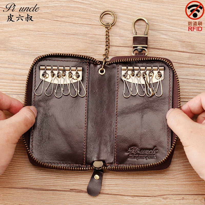 Vintage Leather Key Wallet For Men Or Women Zipper Key Case Bag
