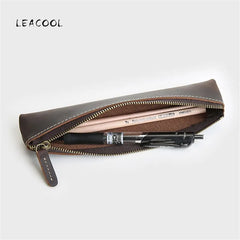 Vintage Leather Pen Bag Long Zipper Pencil Case Holder Kids Stationery