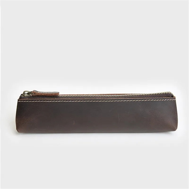 Vintage Leather Pen Bag Long Zipper Pencil Case Holder Kids Stationery