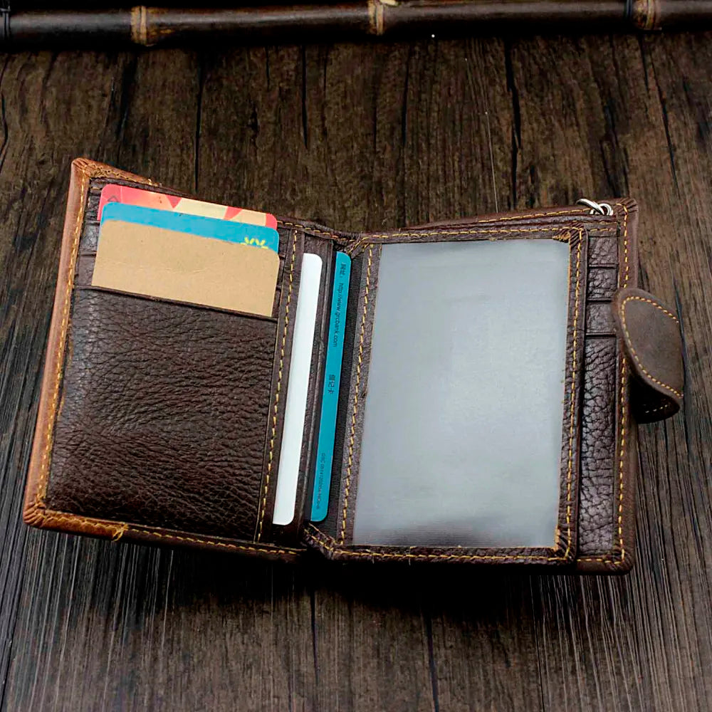 Vintage Leather Wallet Men Purse Short Clutch Bag Male Money Clips Chain