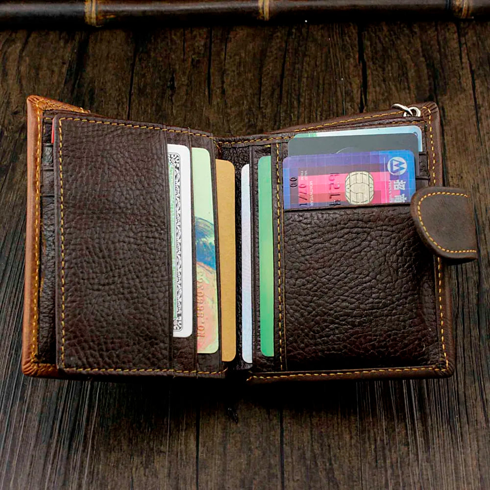 Vintage Leather Wallet Men Purse Short Clutch Bag Male Money Clips Chain