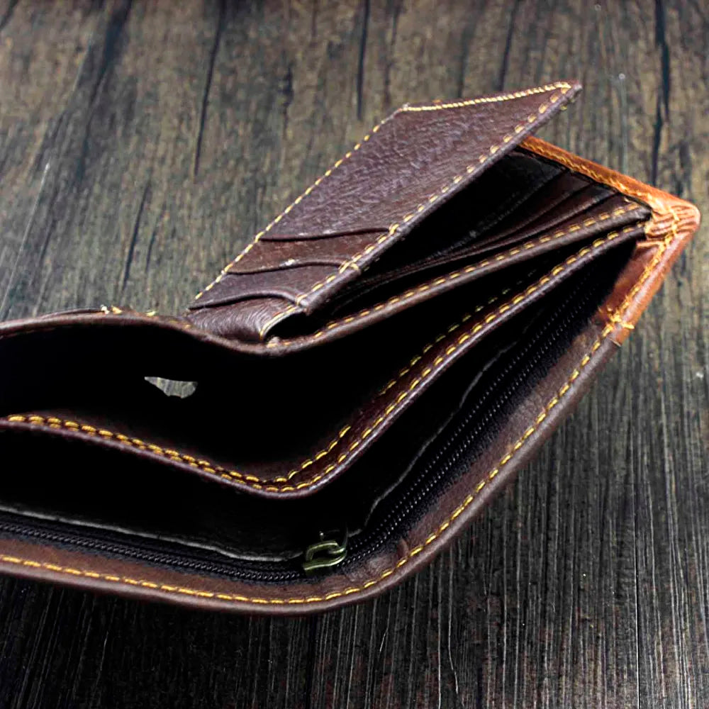 Vintage Leather Wallet Men Purse Short Clutch Bag Male Money Clips Chain