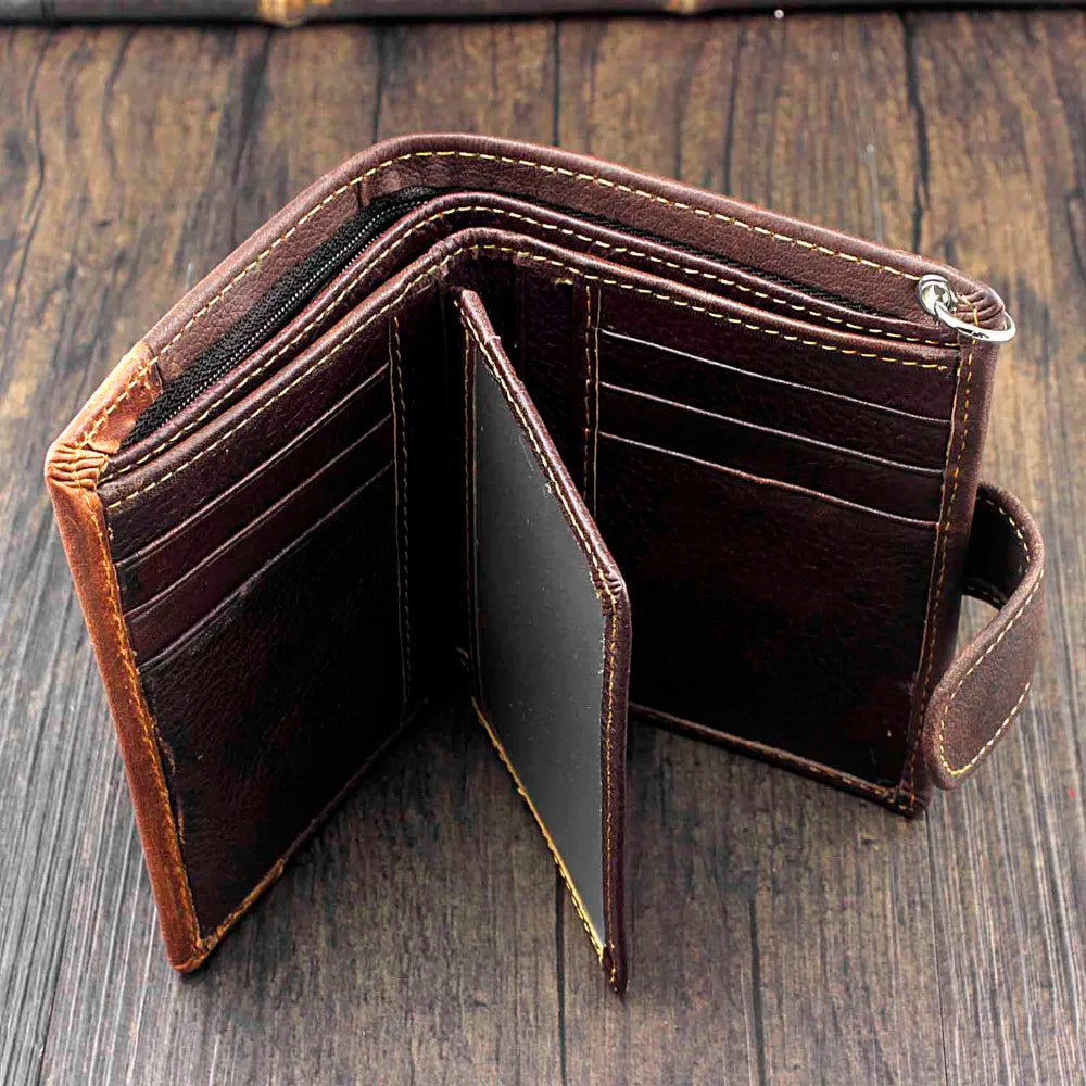 Vintage Leather Wallet Men Purse Short Clutch Bag Male Money Clips Chain