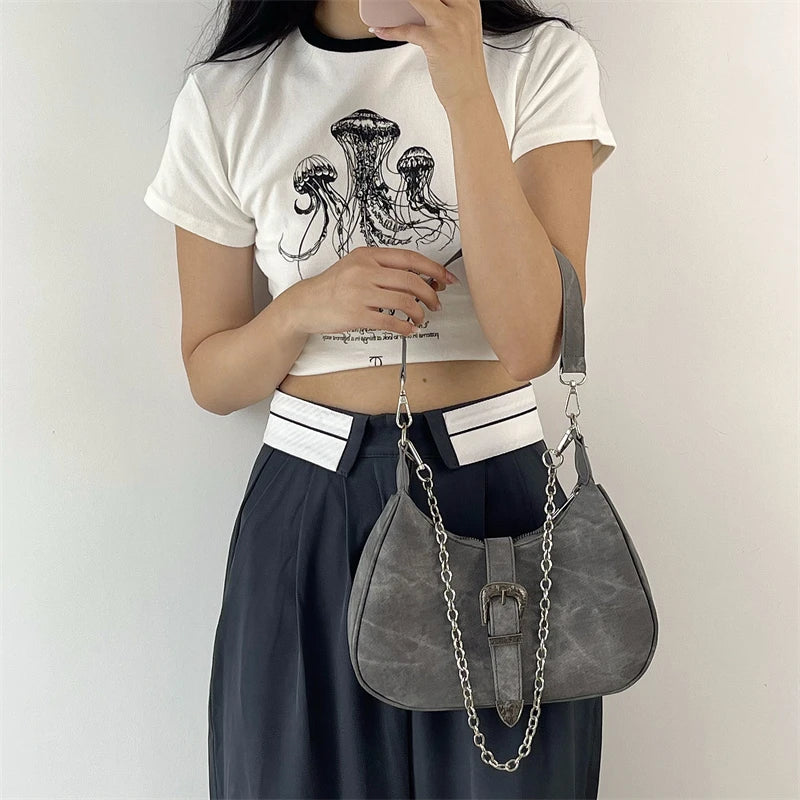 Vintage Gray Underarm Bags Chain Single Shoulder Bag High Female Totes