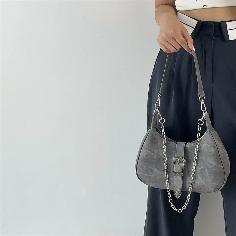 Vintage Gray Underarm Bags Chain Single Shoulder Bag High Female Totes
