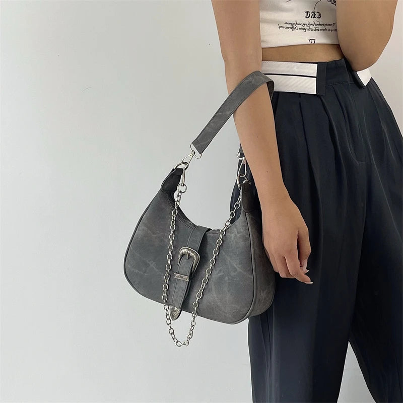 Vintage Gray Underarm Bags Chain Single Shoulder Bag High Female Totes