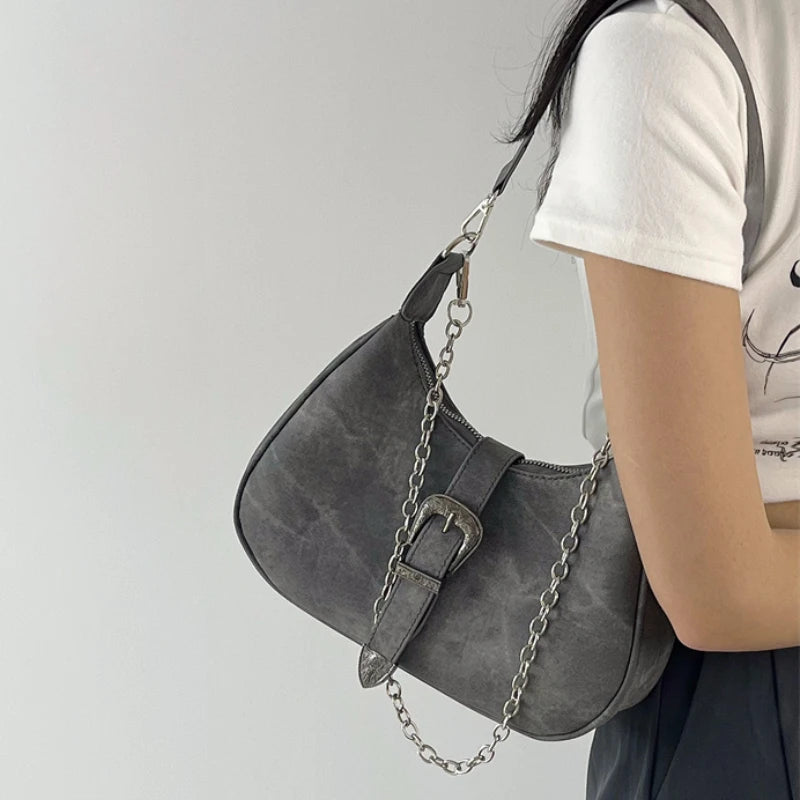 Vintage Gray Underarm Bags Chain Single Shoulder Bag High Female Totes