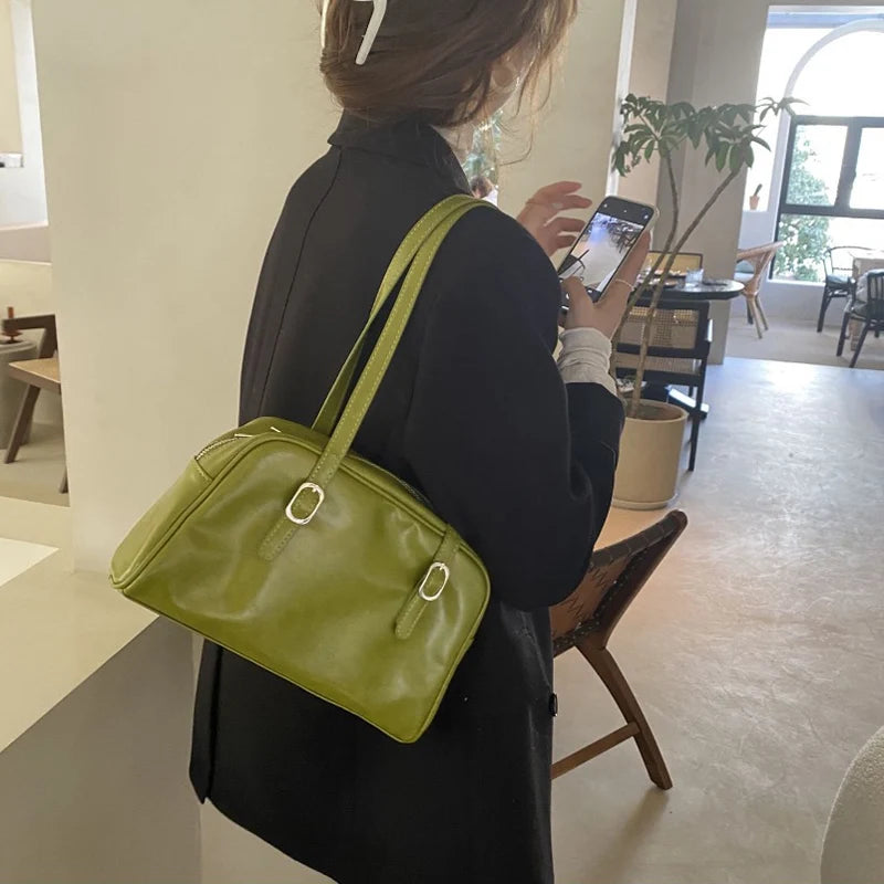 Vintage Green Oil Wax Leather Ladies Underarm Bag