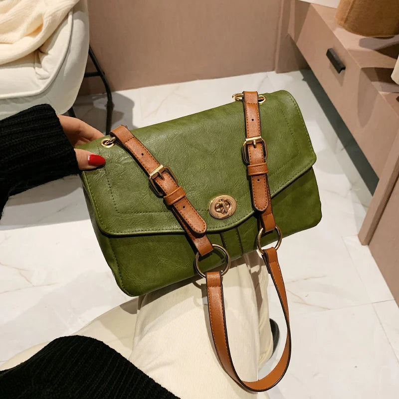 Vintage Green Shoulder Bags for Women Pu Leather Messenger Handbag