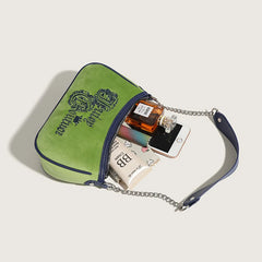 Vintage Green Velvet Shoulder Bag Women'S Alphabet Embroidery Handbag