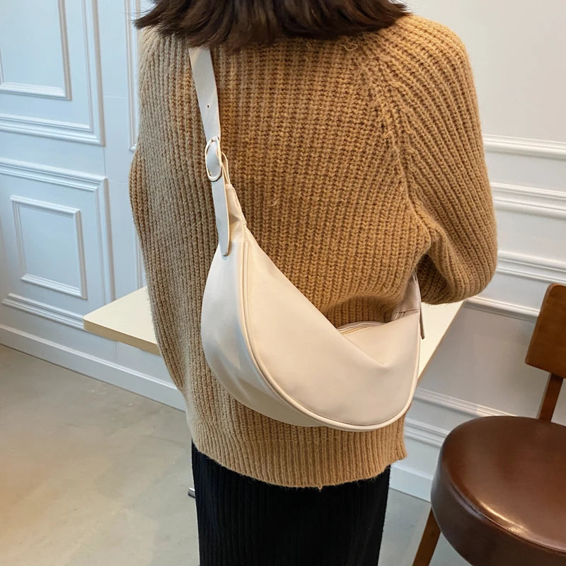 Vintage Half Moon Shoulder Bags Women PU Leather Stylish Autumn Zipper Cross Bod