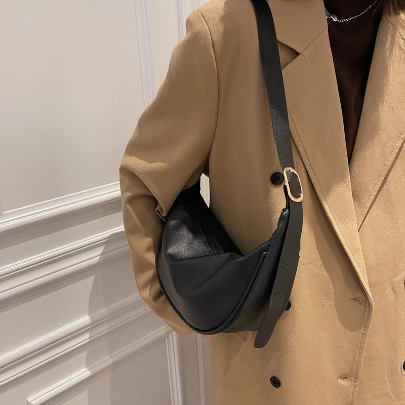 Vintage Half Moon Shoulder Bags Women PU Leather Stylish Autumn Zipper Cross Bod
