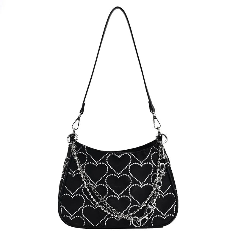Vintage Heart Embroidered Shoulder Bag Chain Y2k Woman