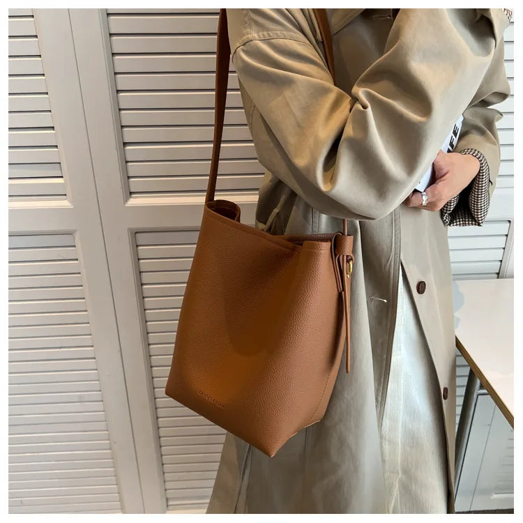 Vintage High Capacity Tote Bucket Bag PU Leather Shoulder Bag for Women Handbags