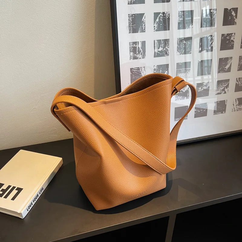 Vintage High Capacity Tote Bucket Bag PU Leather Shoulder Bag for Women Handbags