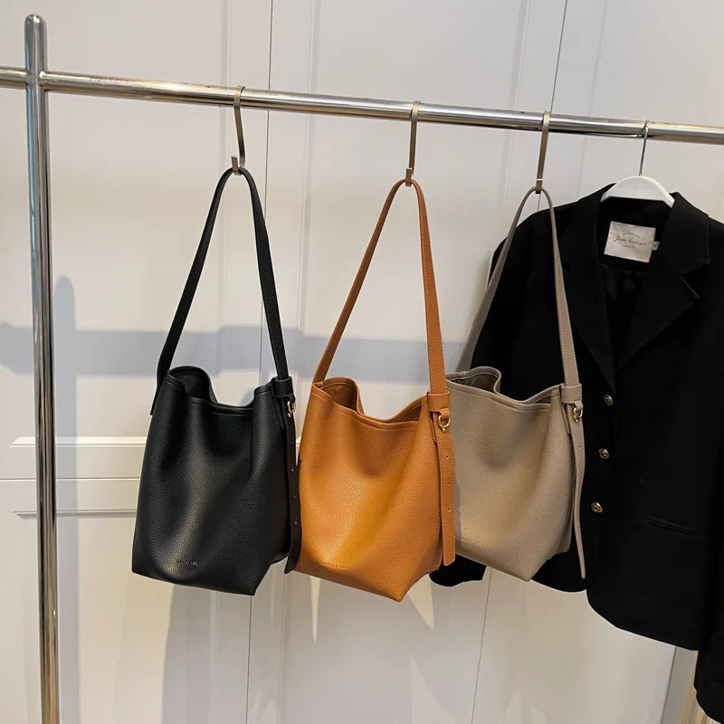 Vintage High Capacity Tote Bucket Bag PU Leather Shoulder Bag for Women Handbags