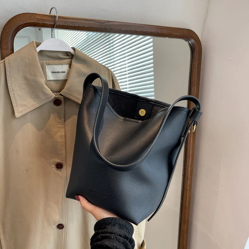 Vintage High Capacity Tote Bucket Bag PU Leather Shoulder Bag for Women Handbags