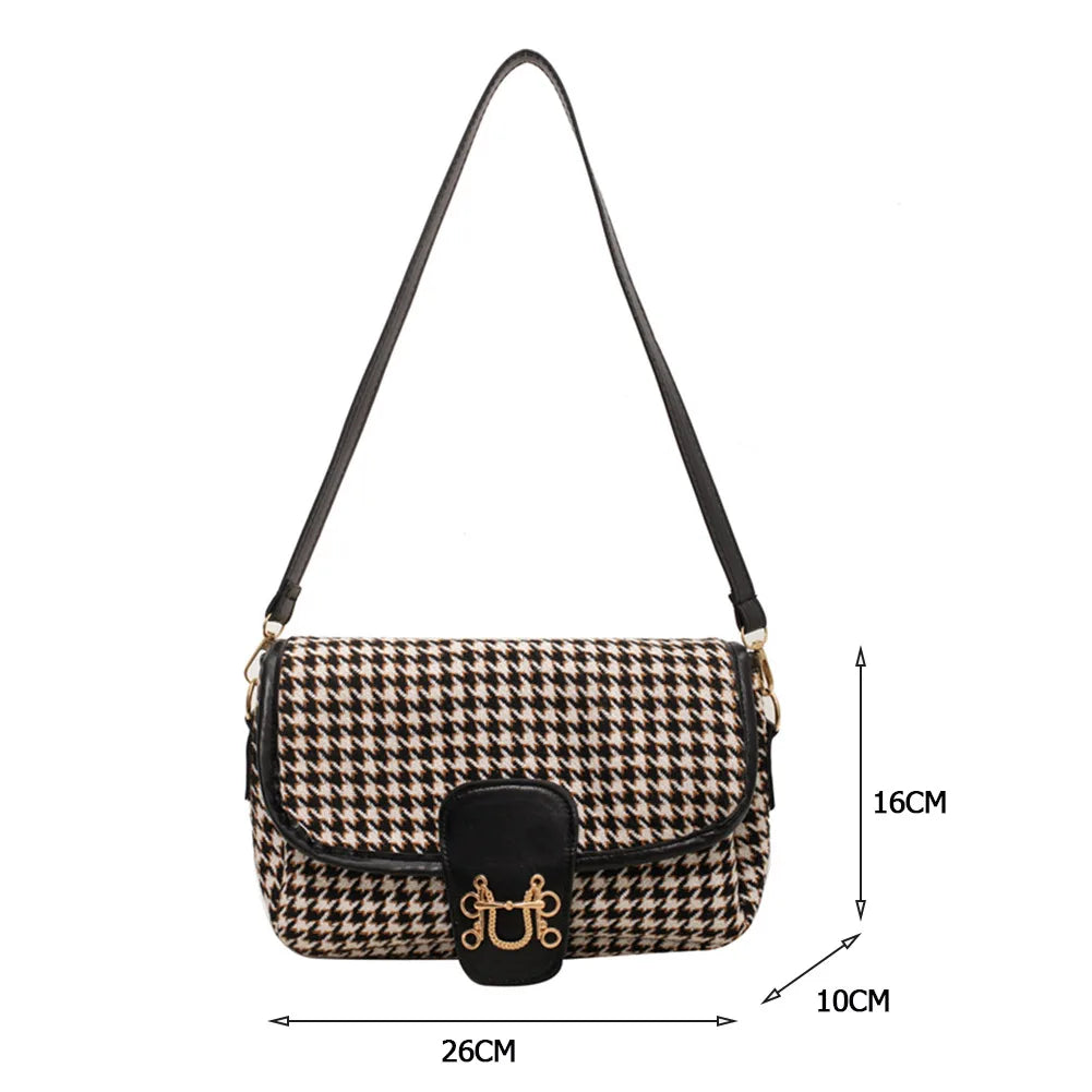 Vintage Houndstooth Print Women Shoulder Bag Woolen Cloth Crossbody Bags
