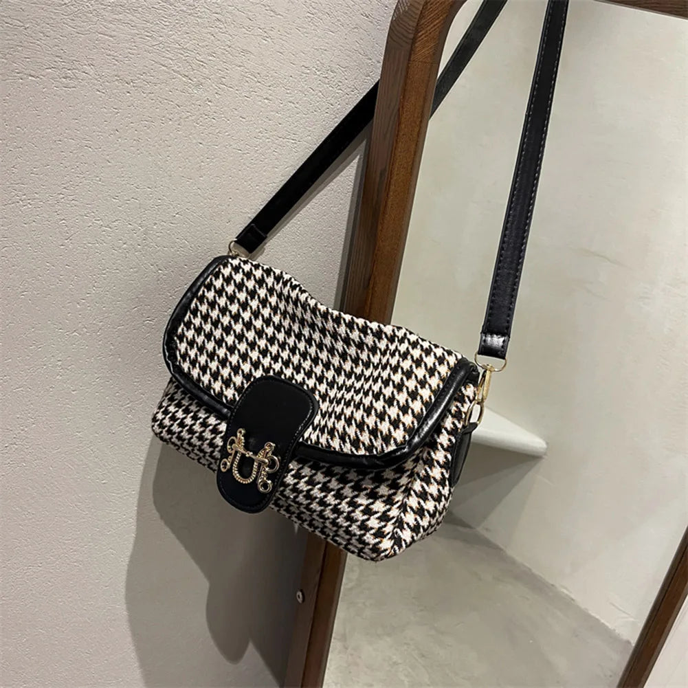 Vintage Houndstooth Print Women Shoulder Bag Woolen Cloth Crossbody Bags