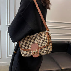 Vintage Houndstooth Print Women Shoulder Bag Woolen Cloth Crossbody Bags