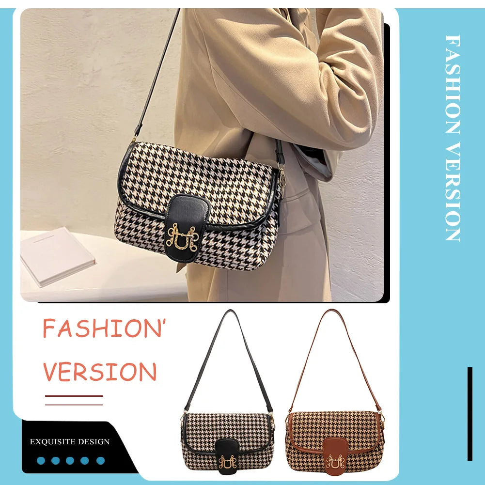 Vintage Houndstooth Print Women Shoulder Bag Woolen Cloth Crossbody Bags
