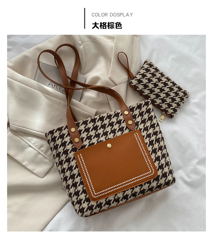 Vintage Houndstooth Shoulder Bags Patchwork Students Tote