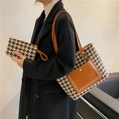 Vintage Houndstooth Shoulder Bags Patchwork Students Tote