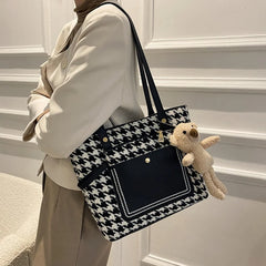 Vintage Houndstooth Shoulder Bags Patchwork Students Tote