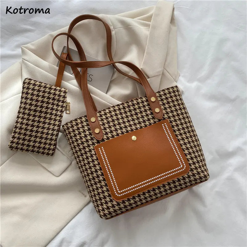 Vintage Houndstooth Shoulder Bags Patchwork Students Tote