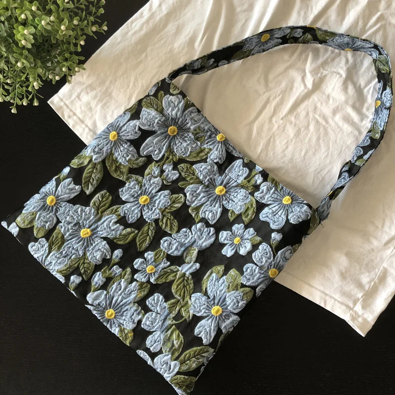 Vintage Jacquard Women Cloth Shoulder Shopping Bag Retro Ladies Underarm Bag
