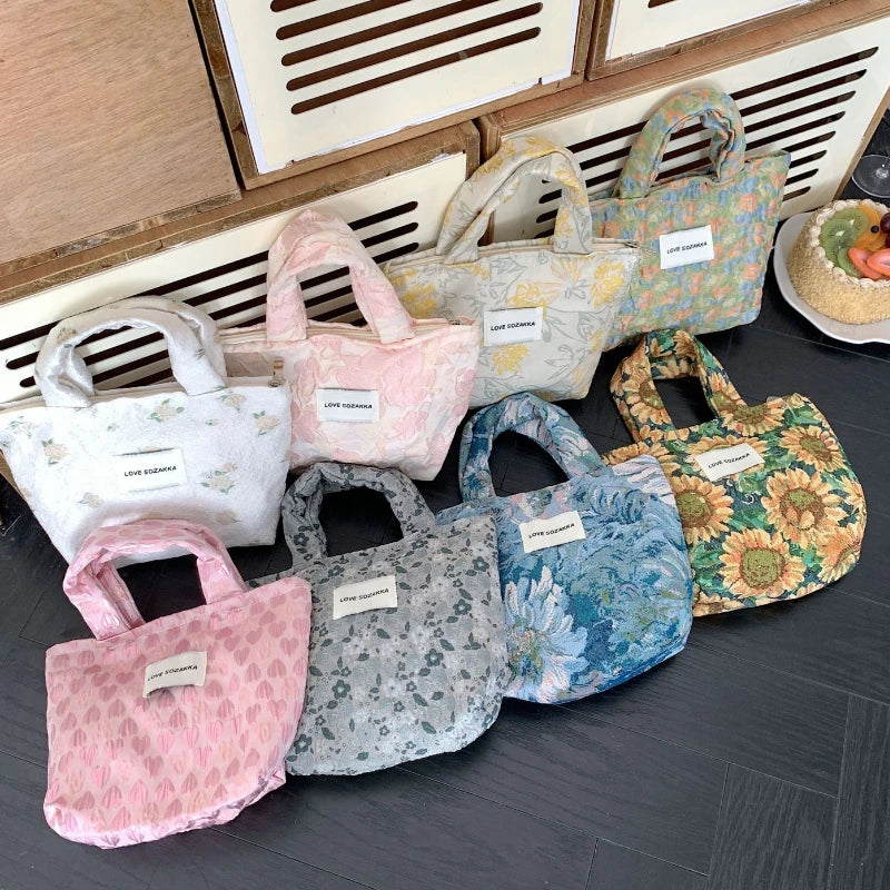 Vintage Jacquard Small Tote Bag Flower Heart Female Purse Handbag